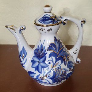 Russian Fenix Teapot Coffee Pot Handmade Porcelain Blue White Gold Kislovodsk